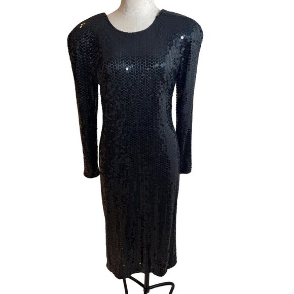 Vintage 1980s Womens Dress Size 12 Black Long Sleeve Sequin Open Back Midi